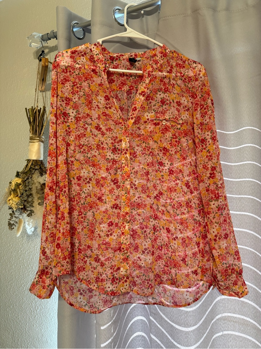 Kut from the Kloth Sheer Floral Button-Front Blouse - Pink & Orange - Picture 5 of 9